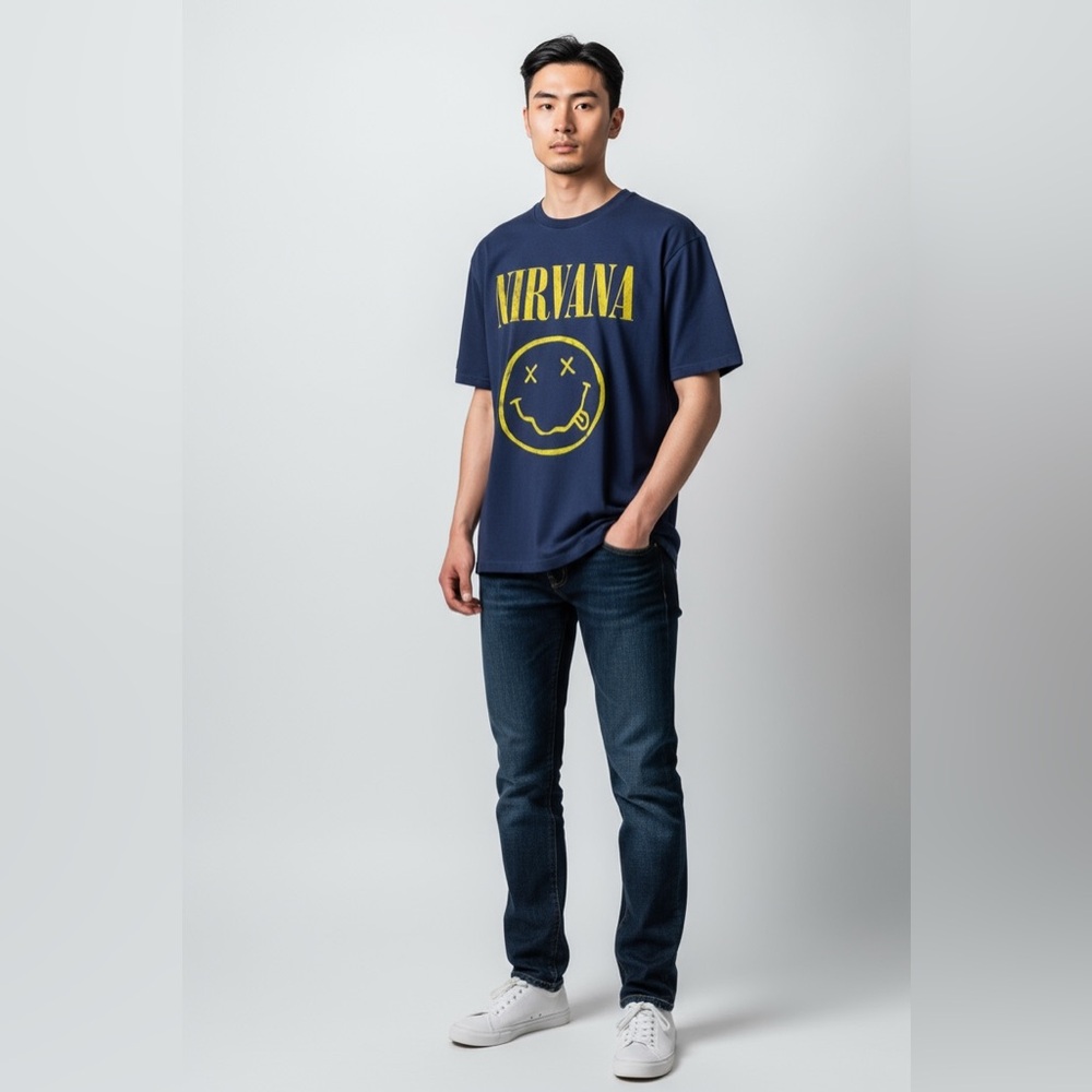 Nirvana Smile T-Shirt Blue Yellow Unisex Mens Sm 16x26” 60/40 Soft Cotton Blend
